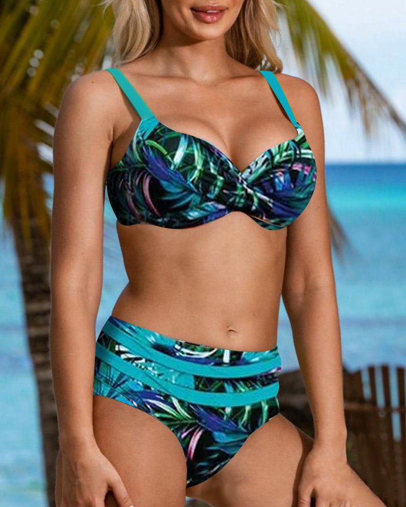 Bikini z nadrukiem w liście z wysokim stanem