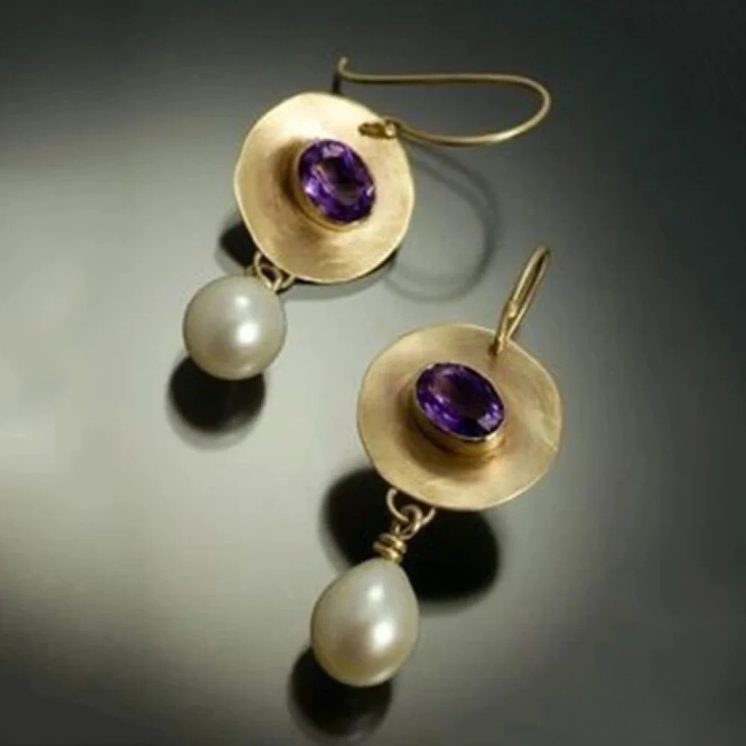 Vintage Gold Lila Zirkonia Perlen Ohrringe